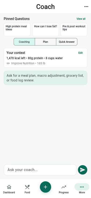 MyFitLife Coach Milo screen with nutrition coaching response modes