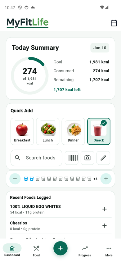 MyFitLife dashboard with calorie, protein, hydration, and recent food logging tools