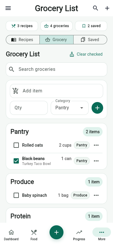 MyFitLife grocery list screen with organized shopping categories